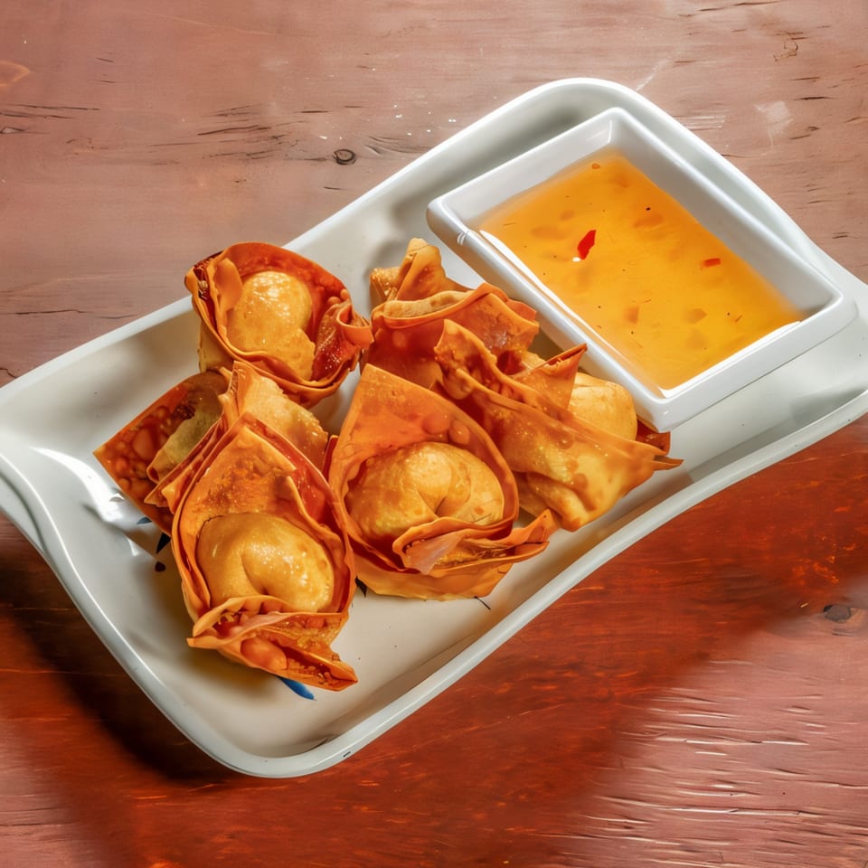 Crispy Thai wontons with a side of sweet chili dipping sauce on a white plate.