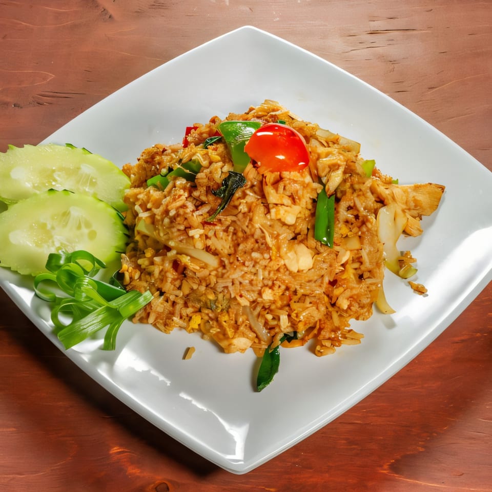 Mai Thai Restaurant's Thai fried rice with chicken, vegetables, and cucumber slices on a white plate.