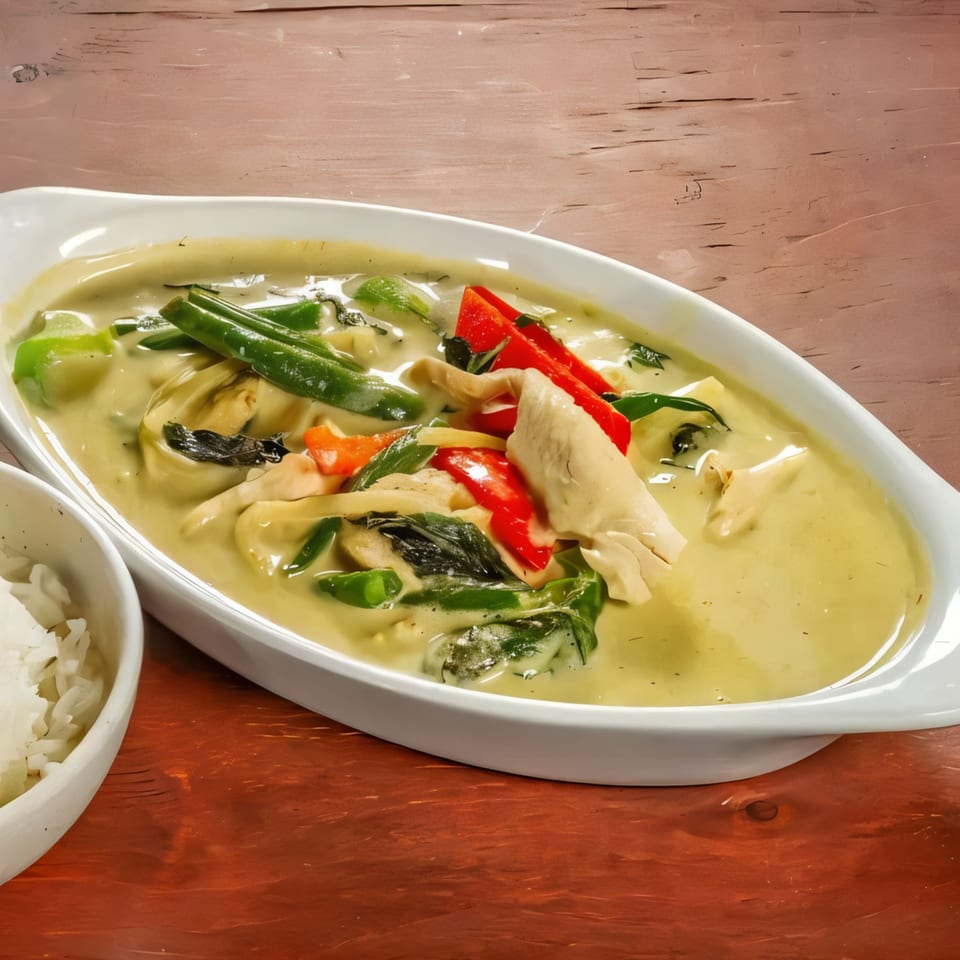 Mai Thai green curry with chicken, red peppers, and green beans, served with rice.