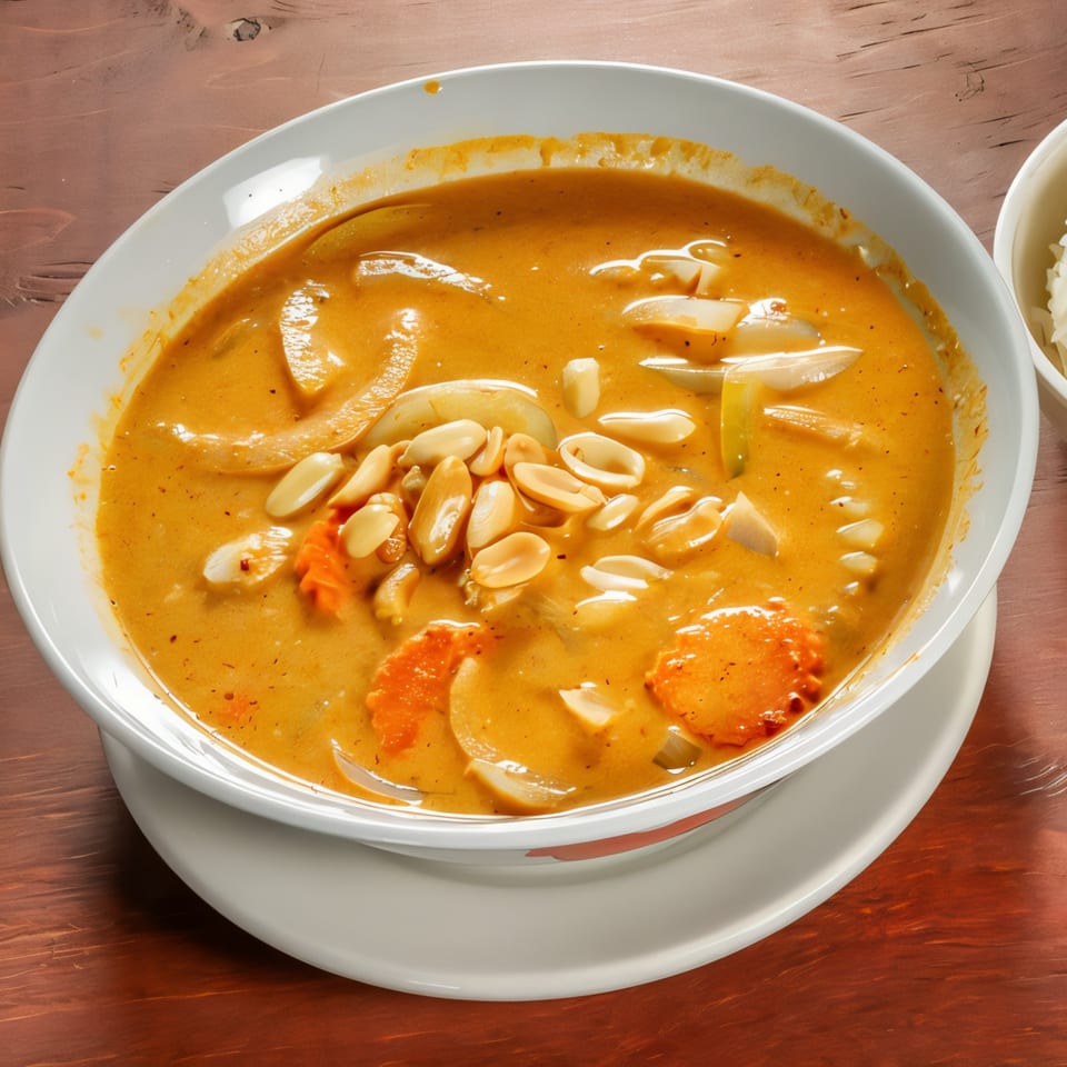 Mai Thai Restaurant's yellow curry with peanuts, carrots, and onions in a white bowl.