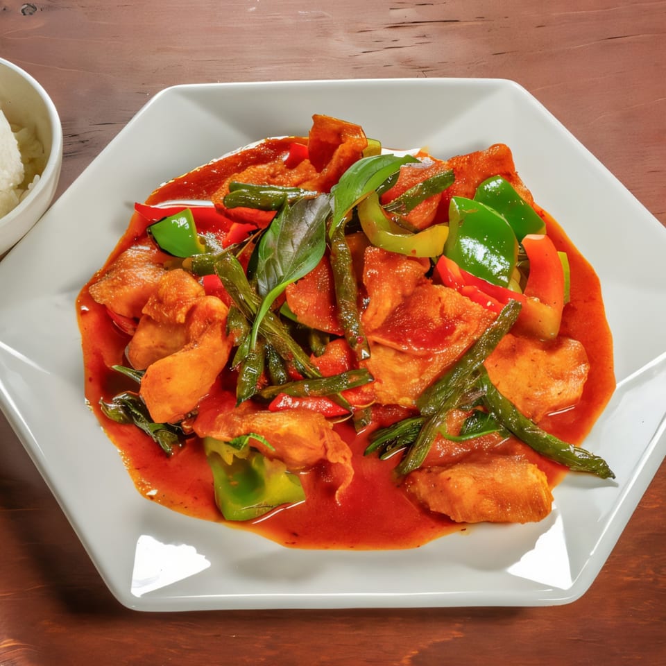 Mai Thai Restaurant's spicy red curry with fish, green beans, bell peppers, and basil, served with rice.