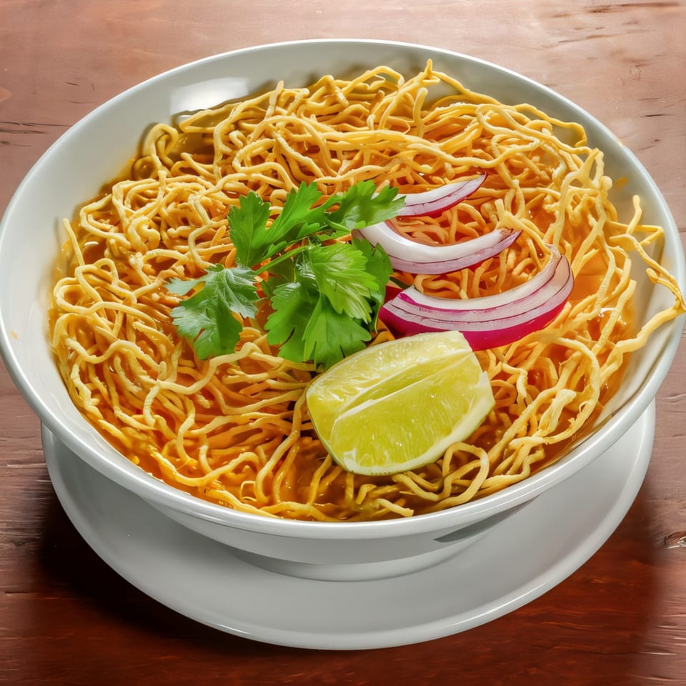 A bowl of Mai Thai's Khao Soi, a Thai curry noodle soup with crispy noodles, lime, and red onion.
