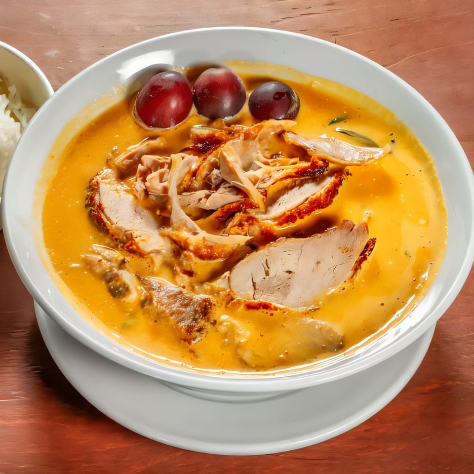 Mai Thai Restaurant's red curry with roasted duck, grapes, and pineapple in a white bowl.