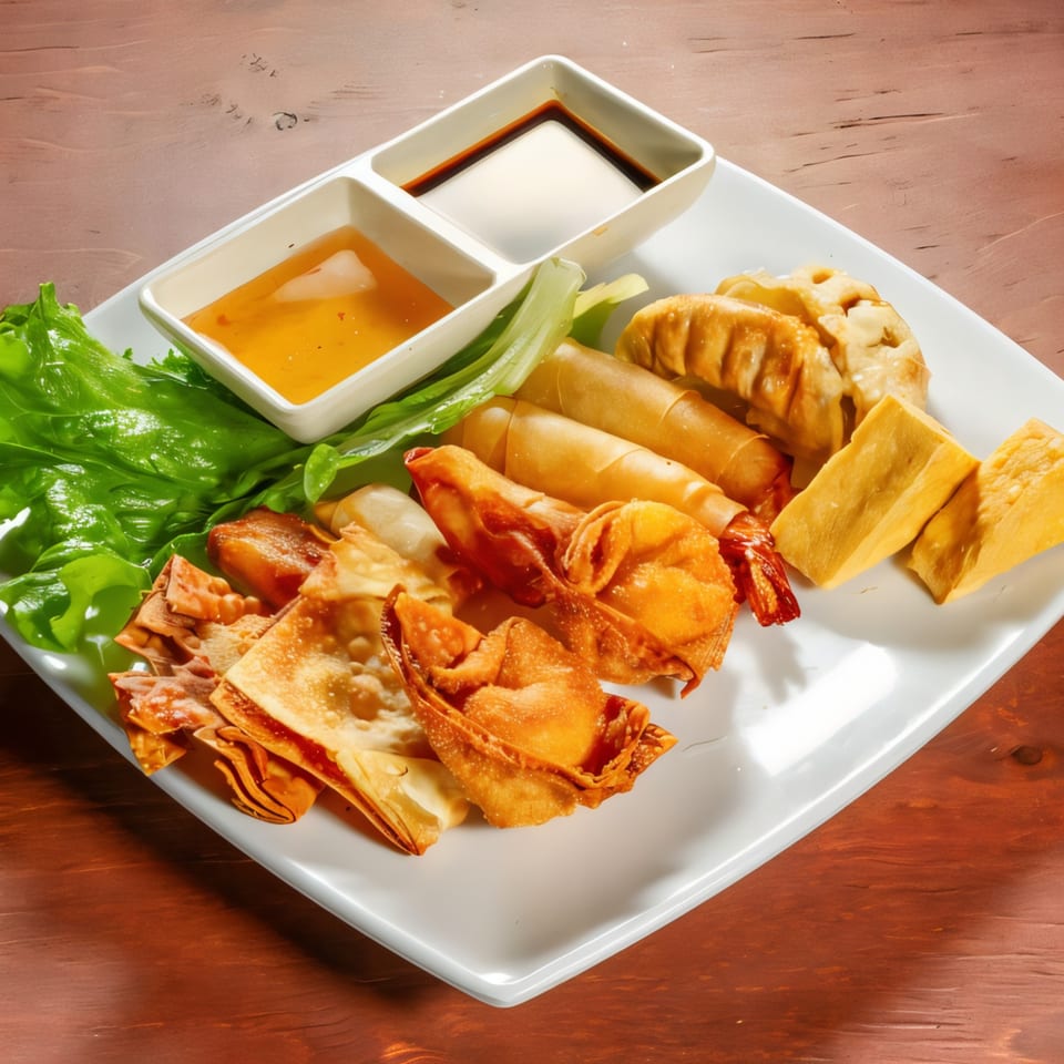 Mai Thai appetizer platter with spring rolls, dumplings, fried wontons, and dipping sauces.